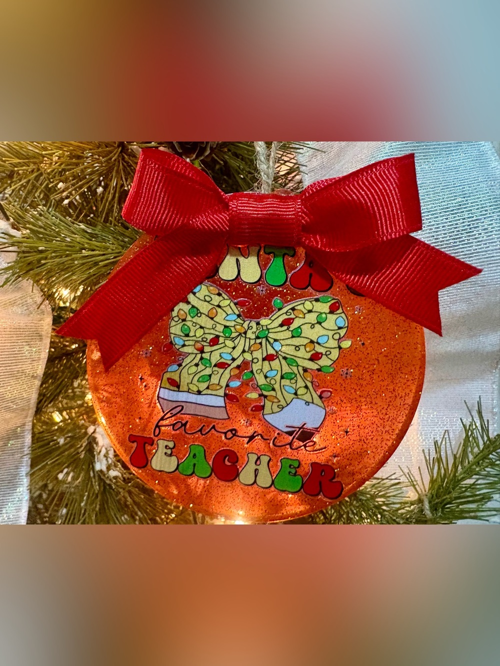 Favorite Teacher Glitter Ornament with Red Bow